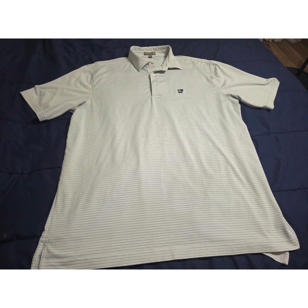 Peter Millar Summer Comfort Polo Shirt Mens Large Blue White Strip Sailboat Logo
